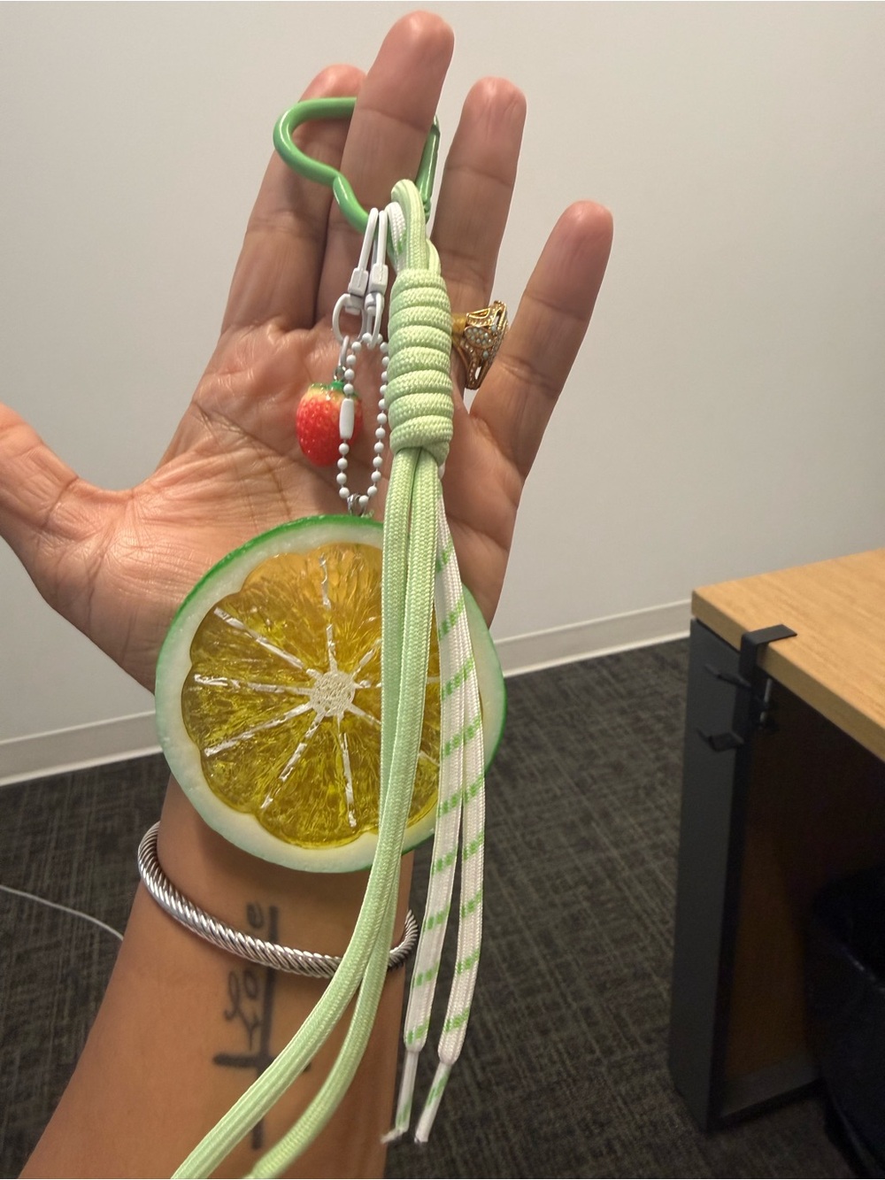 Green Lime Slice Keychain with Tassel and Strawberry Charm